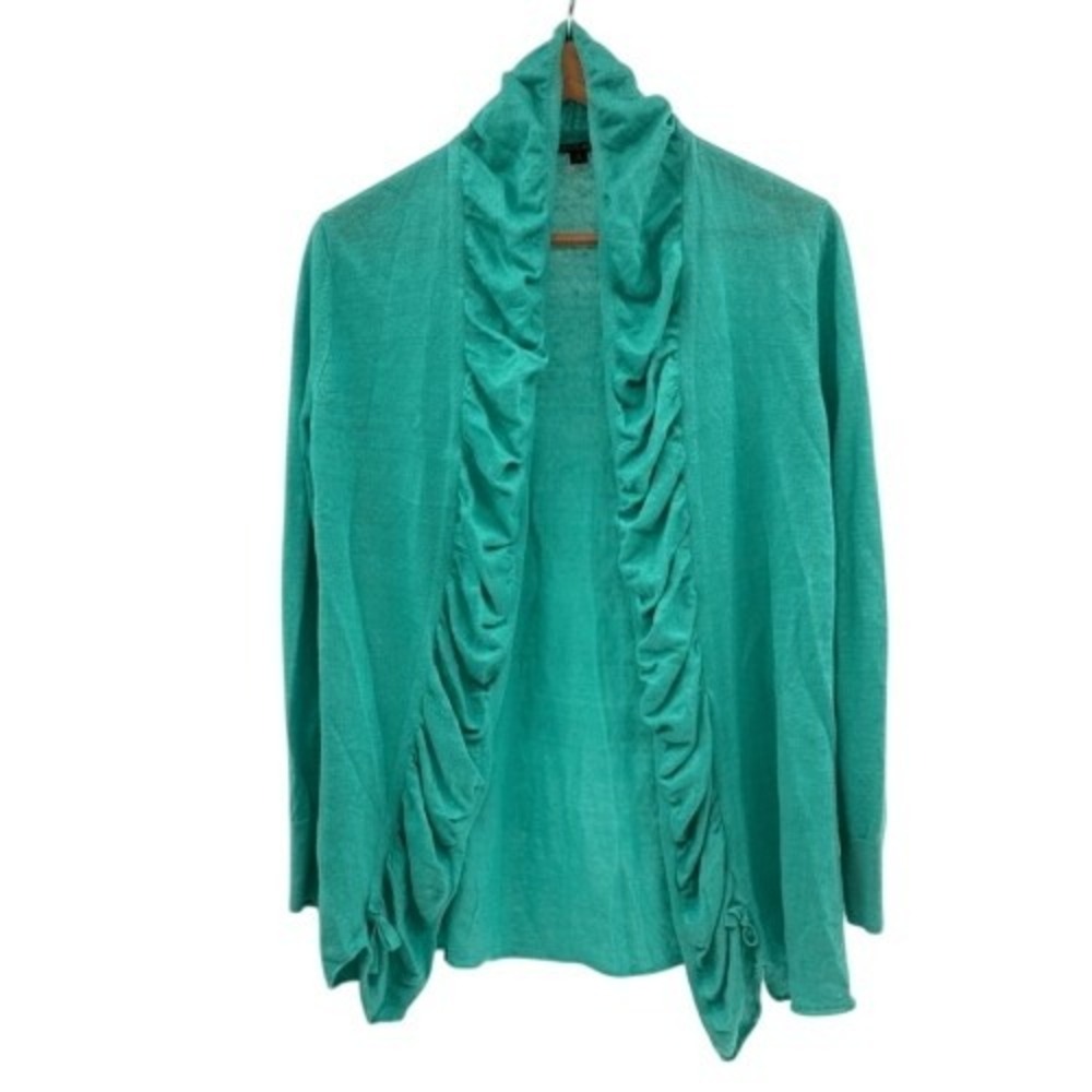 Lafayette 148 OCardigan Sweater Linen Ruffle Women Small Green Open Long Sleeve‎